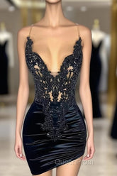 Black Sleeveless Short Evening Prom Dresses with Spaghetti Straps and Beadings