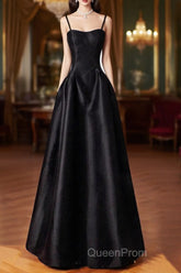 Black Spaghetti Strap Satin Long Evening Prom Dresses, A-Line Backless Evening Party Dresses