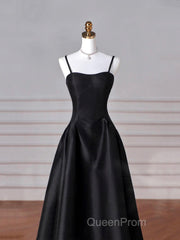 Black Spaghetti Strap Satin Long Evening Prom Dresses, Black A-Line Evening Dresses