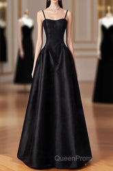 Black Spaghetti Strap Satin Long Evening Prom Dresses, Black A-Line Evening Dresses