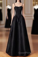 Black Spaghetti Strap Satin Long Evening Prom Dresses, Black A-Line Evening Dresses
