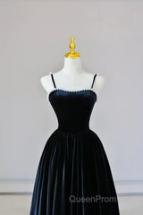 Black Spaghetti Strap Velvet Long Evening Prom Dresses With Pearls, A-Line Evening Dresses Party Dresses