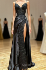 Black Spaghetti Straps Lace Appliques Evening Prom Dresses with Slit