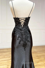 Black Spaghetti Straps Lace Appliques Evening Prom Dresses with Slit