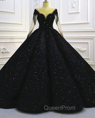Black Sparkly Long Sleeve Wedding Ball Gown Dresses