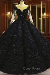 Black Sparkly Long Sleeve Wedding Ball Gown Dresses