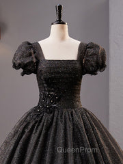 Black Square Neckline Tulle Long Evening Prom Dresses, Shiny Tulle Black Evening Dresses