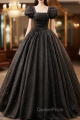 Black Square Neckline Tulle Long Evening Prom Dresses, Shiny Tulle Black Evening Dresses
