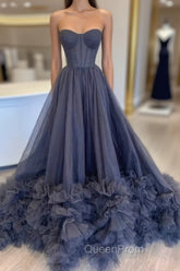 Black Strapless Long Evening Prom Dresses with Ruffle Skirt