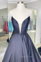 Black Strapless Satin Long Evening Prom Dresses, Black A-Line Evening Dresses