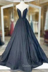 Black Strapless Satin Long Evening Prom Dresses, Black A-Line Evening Dresses
