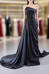 Black Strapless Satin Pleats Beading Evening Prom Dresses