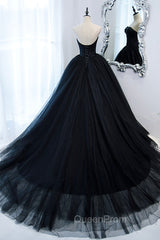 Black Strapless Tulle Long A-Line Evening Prom Dresses, Black Evening Gown