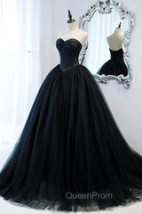 Black Strapless Tulle Long A-Line Evening Prom Dresses, Black Evening Gown