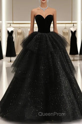 Black Strapless Layered Velvet Tulle Long Evening Prom Dresses Evening Dresses