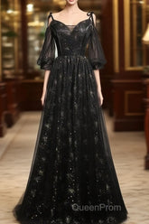 Black Straps Tulle Long Party Dresses With Sleeves Evening Dresses, Black A-Line Evening Prom Dresses Party Dresses