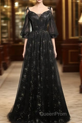 Black Straps Tulle Long Party Dresses With Sleeves Evening Dresses, Black A-Line Evening Prom Dresses Party Dresses