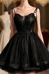 Black Straps Tulle Short Homecoming Dresses Evening Prom Dresses, Little Black Party Dresses