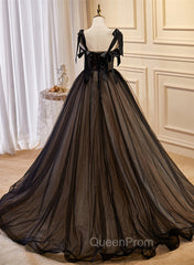 Black Straps Tulle with Lace Long Evening Dresses, Black A-line Evening Prom Dresses