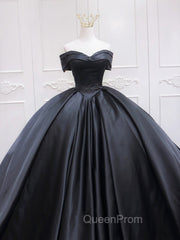 Black Sweetheart Neck Satin Long Evening Prom Gown, Black Sweet 16 Dresses