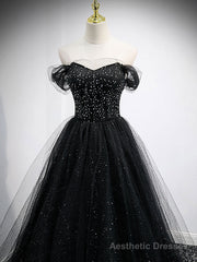 Black Sweetheart Off Shoulder Tulle Long Prom Dress, Black Evening Dress