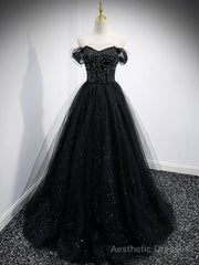 Black Sweetheart Off Shoulder Tulle Long Prom Dress, Black Evening Dress