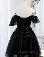 Black Sweetheart Straps Tulle Homecoming Dresses, Black Off Shoulder Evening Prom Dresses