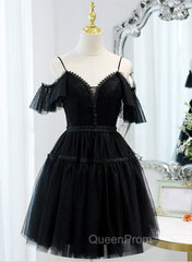 Black Sweetheart Straps Tulle Homecoming Dresses, Black Off Shoulder Evening Prom Dresses