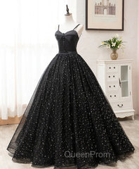 Black Sweetheart Straps Tulle Long Evening Gown, Sleeveless Floor-Length Evening Prom Dresses