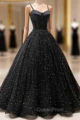 Black Sweetheart Straps Tulle Long Evening Gown, Sleeveless Floor-Length Evening Prom Dresses