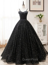 Black Sweetheart Straps Tulle Long Evening Gown, Sleeveless Floor-Length Evening Prom Dresses