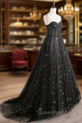 Black Sweetheart Tulle Straps Long Evening Dresses, Black Evening Party Dresses