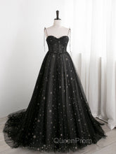 Black Sweetheart Tulle Straps Long Evening Dresses, Black Evening Party Dresses