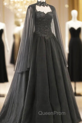 Black Sweetheart Tulle with Lace Long Sweet 16 Dresses, Black Evening Dresses with Cape