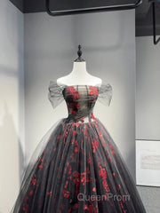 Black Tulle And Red Sequins Floor Length Evening Prom Dresses, Off The Shoulder Evening Party Dresses