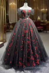 Black Tulle And Red Sequins Floor Length Evening Prom Dresses, Off The Shoulder Evening Party Dresses
