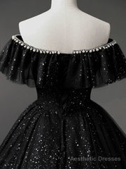 Black Tulle Beaded Long Formal Gown, Black Tulle A-line Prom Dress