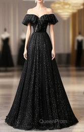 Black Tulle Beaded Long Evening Gown, Black Tulle A-line Evening Prom Dresses
