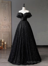 Black Tulle Beaded Long Formal Gown, Black Tulle A-line Prom Dress