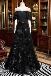 Black Tulle Beaded Long Party Dresses, A-Line Black Formal Dresses Evening Prom Dresses