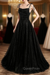 Black Tulle Beaded Long Evening Prom Dresses, A-Line Spaghetti Straps Evening Dresses