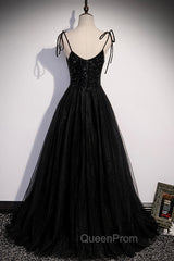 Black Tulle Beaded Long Evening Prom Dresses, A-Line Spaghetti Straps Evening Dresses