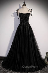 Black Tulle Beaded Long Evening Prom Dresses, A-Line Spaghetti Straps Evening Dresses