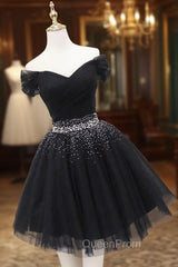 Black Tulle Beaded Short Evening Prom Dresses, Off Shoulder Evening Party Dresses