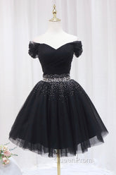 Black Tulle Beaded Short Evening Prom Dresses, Off Shoulder Evening Party Dresses