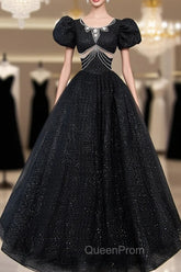 Black Tulle Beaded Short Sleeves Evening Prom Dresses, Black Tulle Evening Dresses