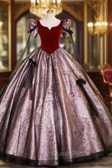 Black Tulle Burgundy Velvet Puff Sleeve Quinceanera Dresses
