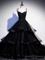 Black Tulle Double Straps Beading Prom Dress