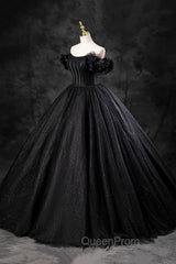 Black Tulle Floor Length A-Line Evening Prom Dresses, Off the Shoulder Evening Party Dresses