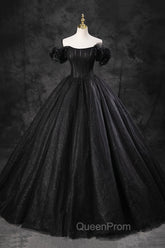 Black Tulle Floor Length A-Line Evening Prom Dresses, Off the Shoulder Evening Party Dresses